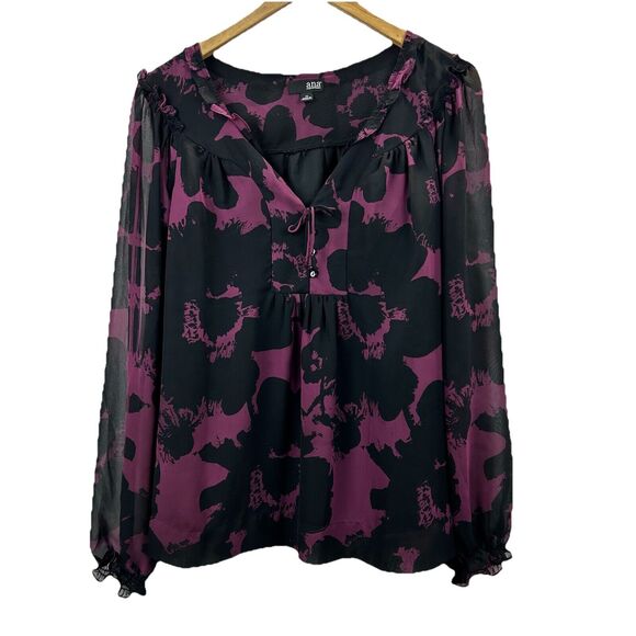 a.n.a. Floral Tunic Top XL Black Purple Blouse Keyhole Shirt Sheer Sleeve - Picture 1 of 10